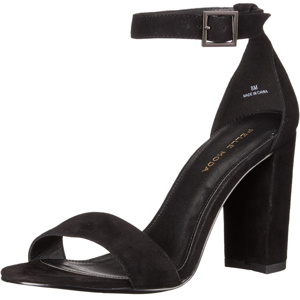 Pelle Moda Bonnie Women’s Black Suede Block Heel Sandals Ankle Strap NIB